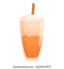 Tall glass of pumpkin spice latte with whipped cream and cinnamon stick is being served
