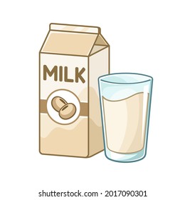 Tall Glass Of Soy Milk And Milk Carton Box Clipart. Cute Simple Flat Vector Illustration Design. Soya Bean Flavor Yogurt Dairy Drink Print, Sticker, Infographic Element Etc.