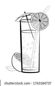 Tall glass with sparkling orange lemonade and a decorative umbrella. Cocktails, alcoholic drinks, illustrations for the cafe, restaurant menu. Isolated vector on white background