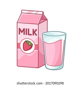 Tall glass of strawberry milk and milk carton box clipart. Cute simple flat vector illustration design. Strawberry fruit flavor yogurt dairy drink print, sticker, infographic element etc.