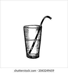 tall glass with a striped straw - vector drawing in the style of engraving. drink in a transparent glass 