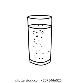 Tall Glass with Water with Bubbles or a Fizzy Drink. A Black and white outline drawing. Minimalist style illustration in Doodle Style isolated on a background. Ideal for beverage branding, restaurant