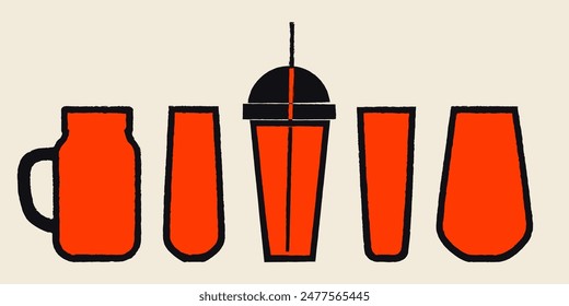 Tall glasses for alcohol and non-alcoholic drinks. Cocktail glass set. Vector illustration with texture. Silhouette drawing of glasses. Plastic cup, glass with handle for drinks