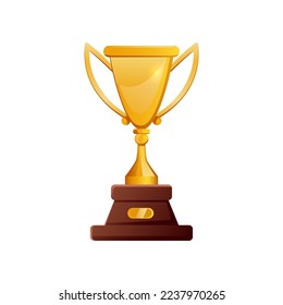 Tall gold award cup for winners and heroes. Vector illustration of champions golden trophy. Cartoon sport game reward, best movie prize, luxury goblet isolated on white background. Victory, triumph