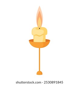 Tall golden candle on stand with bright flame, Vector