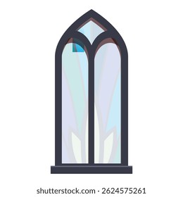 Tall gothic arch window with a colorful abstract floral design is casting light