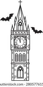 A tall gothic clock tower featuring Roman numerals and bats flying on both sides