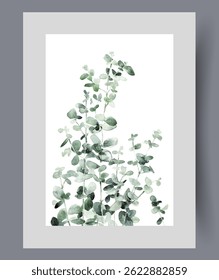 Tall grass with green petals on thin stems grows in wild on wall art. Watercolor artwork. Poster with shrubs or grass in ecologically clean place with rich flora, in frame with decor for print