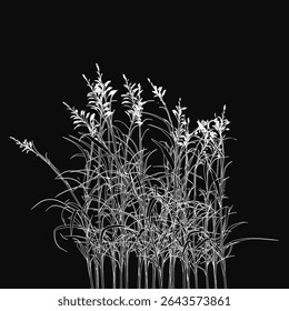 Tall grass illustrated in intricate black and white detail, with each blade and leaf sharply defined against a dark background. The stark contrast highlights the delicate textures and organic.