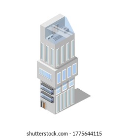 A tall gray building with panoramic Windows. Modern building, isometry. Architecture.
