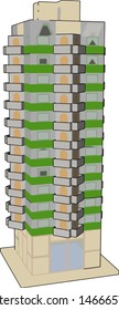 Tall green building, illustration, vector on white background.