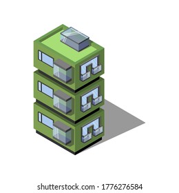 Tall green building. Isometry architecture. In modern style