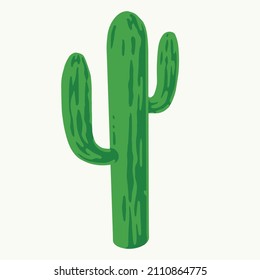 Tall green cactus with leafless stems on white isolated background, vector illustration