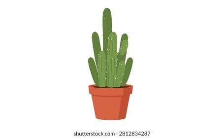 Tall green cactus with spikes in a simple orange-brown terracotta plant pot against a clear white background.