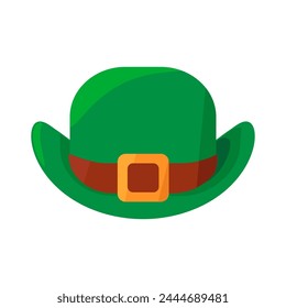 Tall green cylinder hat with leather strap. Headdress of fairy tale gnome Leprechaun, Happy Patrick party element. Simple cartoon vector isolated on white background