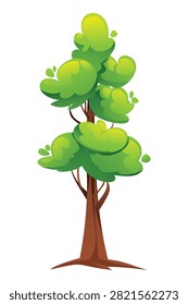Tall green deciduous forest tree with leafy foliage branches. Vector cartoon illustration