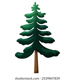Tall green spruce in cartoon style. Symbol of New Year and Christmas. Vector illustration of coniferous tree on white background