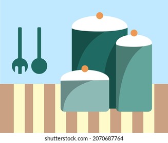 Tall green stockpots with white lids sit on a striped table. Kitchen appliances in a flat style. Simple kitchenware concept.