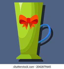 A tall, green tea cup on a gray background, with a Christmas decoration. Cartoon style. Flat design. Isolated. A set of mugs with Christmas drawings. Festive, Christmas mugs.