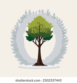 Tall green tree surrounded by ring of grey trees
