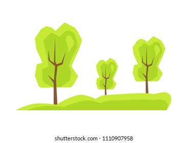 Tall green trees on fresh grass, neat park meadow. Grown plants that help environment. Clean nature with greenery isolated flat vector illustration.