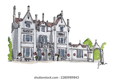 Tall grey French chateau, grand hotel, chimneys, wedding venue. Watercolor sketch illustration. Isolated vector.