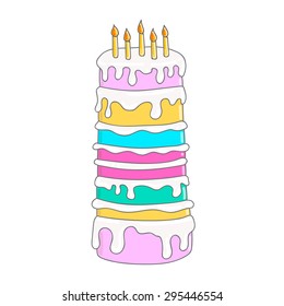 Tall hand-drawn Birthday cake with candles. Pink, yellow, blue, green colors.