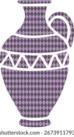 Um vaso alto é decorado com uma borda triangular e um pequeno padrão de pontos em tons roxos suaves.