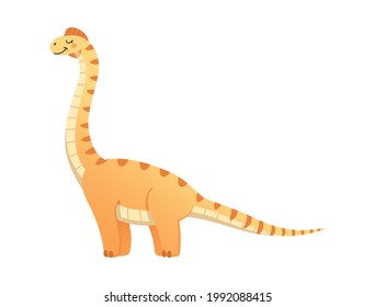 Tall happy dinosaur with closed eyes and long tail cartoon vector illustration