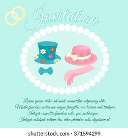 Tall hat with a bow tie and female hat with gloves and wedding rings on wedding invitations