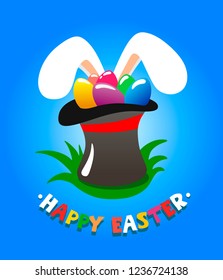 Tall hat with colorful eggs standing on the grass, and looking out ears of a hare on a blue background with the text Happy Easter
