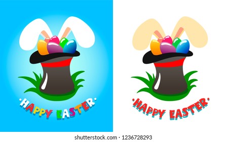 Tall hat with colorful eggs standing on the grass, and looking out ears of a hare on a blue background with the text Happy Easter. Set of two Easter illustrations on a blue and white background.
