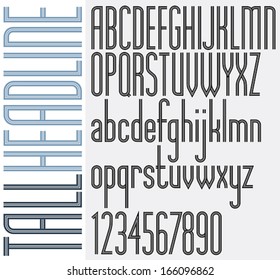 Tall Headline retro style light condensed striped font, stylish and trendy letters design. Best for use in advertising and graphic print or web design. Vector.