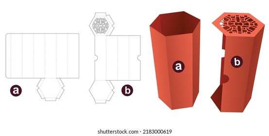 Tall hexagonal with cover which has stenciled pattern die cut template and 3D mockup