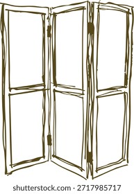 Separador de habitación alto con bisagras con tres paneles dibujados a mano en contorno rústico.