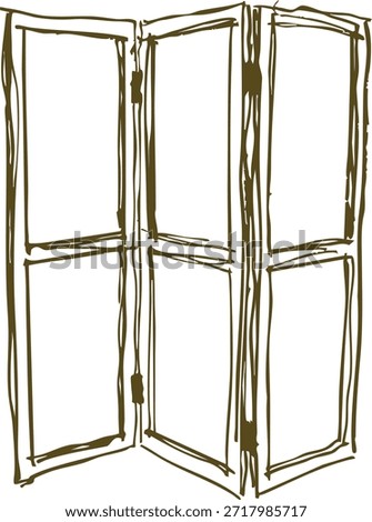 Tall hinged room divider with three hand drawn panels in rustic outline.