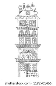 Tall house with terraces and hearts. Hand drawn picture. Sketch for anti-stress adult coloring book in zentangle style. Vector illustration  for coloring page.