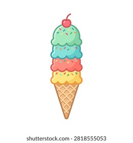 A tall ice cream cone with four colorful scoops stacked high, topped with a cherry and sprinkles.