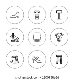Tall icon set. collection of 9 outline tall icons with eolical, heel, heels, giraffe, stool icons. editable icons.
