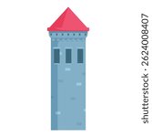 Tall and imposing medieval stone tower, featuring a red roof and small windows, evokes a sense of history and grandeur