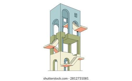 Tall impossible tower design with interconnected arches and floating stairways in a minimalist flat vector illustration style.