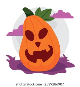 Tall jack-o -lantern pumpkin with an eerie face and full moon in the background, Vector illustration