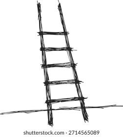 Escalera alta colocada en un ángulo que descansa en el suelo representado con trazos de tinta ásperos.