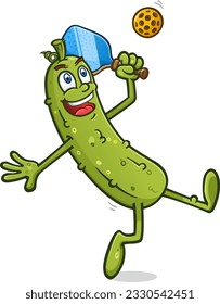 Tall lanky pickle cartoon mascot leaning back and going for the winning shot in an epic pickleball battle on the court vector clip art