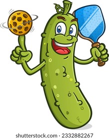 Tall lanky Pickle cartoon spinning a yellow plastic pickleball on his finger basketball style with a big cheesy grin on his face vector clip art