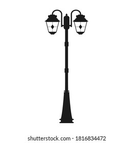 Tall lantern for street. Vintage street lamp for outside lighting. Black and white logo, architectural element. Illustration in flat style.