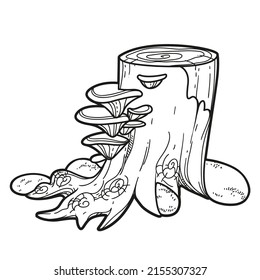 Tall large stump with parasitic mushrooms and moss overgrown linear drawing for coloring isolated on white background 