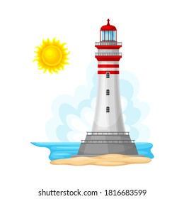 Tall Lighthouse at California Sea Shore Vector Illustration