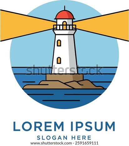 A tall lighthouse emits vibrant beams of light, standing proudly on a rocky shoreline, surrounded by calm ocean waves.