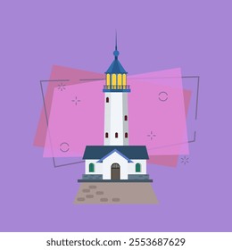 Tall lighthouse with house for light keeper. Realistic tower with observation deck. Can be used for topics like searchlight, night, guide